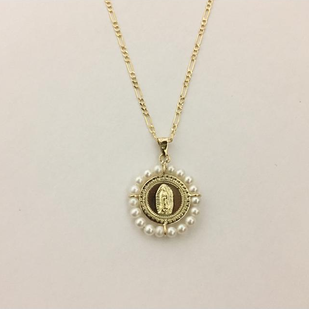 Collar de Oro 14k con Medalla 0 Virgen de Guadalupe de Oro 14k con Perlas