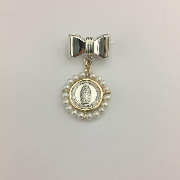 Moño de Plata con medalla 0 Redonda Bisel de Oro 14k y perlas