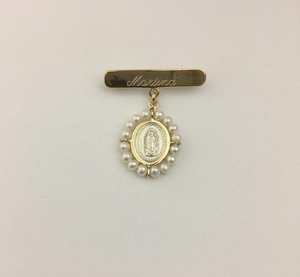 Broche de Oro 14k con Medalla 0 Oval Virgen de Guadalupe Bisel Sencillo y Perlas