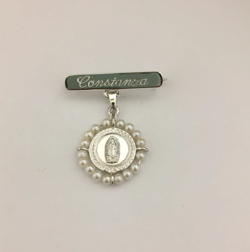 Broche de Plata - Medalla 0 Redonda Virgen de Guadalupe con Perlas
