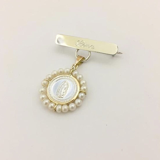 Broche de Plata con Medalla 0 Redonda Virgen de Guadalupe y Perlas