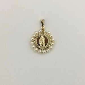 Broche de Oro 14k con Medalla 0 Virgen de Guadalupe de Oro 14k y Perlas