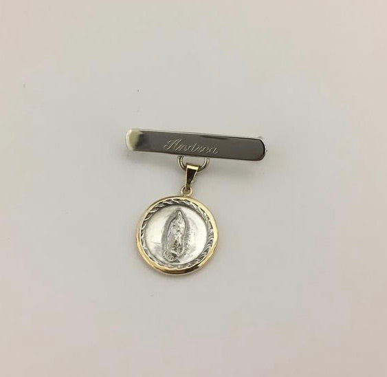 Broche de Plata con Medalla de Virgen de Guadalupe enmarcada 14k