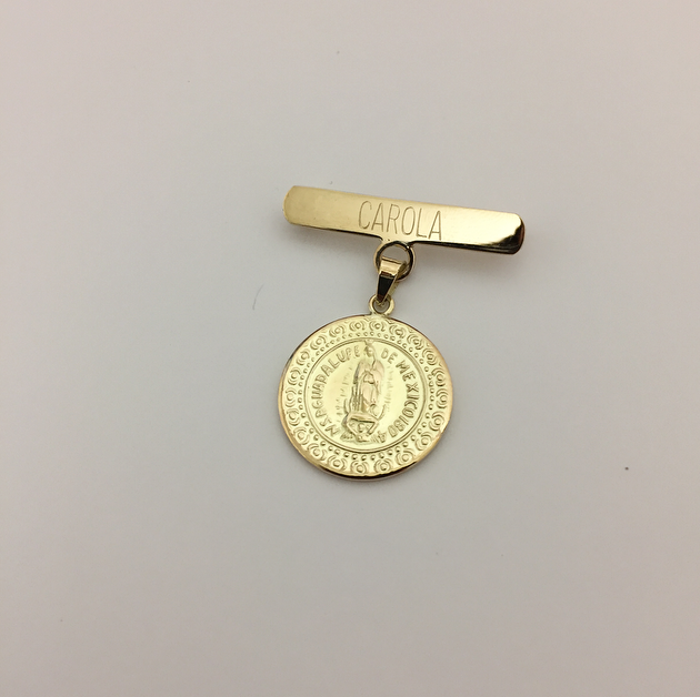 Broche de Oro 14k con Medalla Chica Redonda Virgen de Guadalupe de Oro 14k